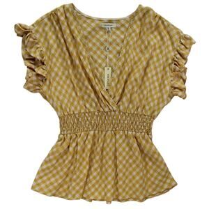 Max Studio Women's Yellow Gingham Ruffle Sleeve Blouse Top Medium NWT $88
